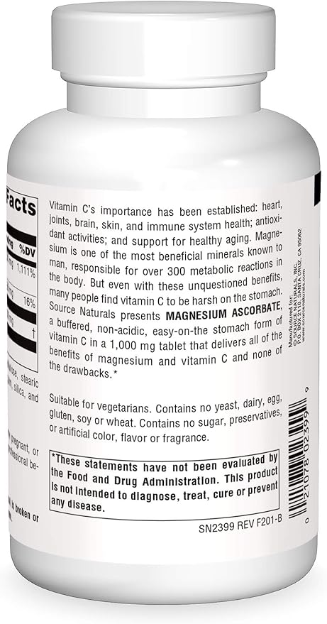 Source Naturals Magnesium Ascorbate, Gentle Non-Acidic Vitamin C*, 1000mg - 120 Tablets