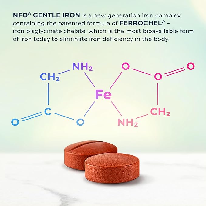 NFO Gentle Iron [100 Tablets] Norwegian Natural High Dose Iron Complex with The Patented Ferrochel Formula The Most bioavailable Form Against Iron Deficiency More efficient by 90% Suitable for Vegans