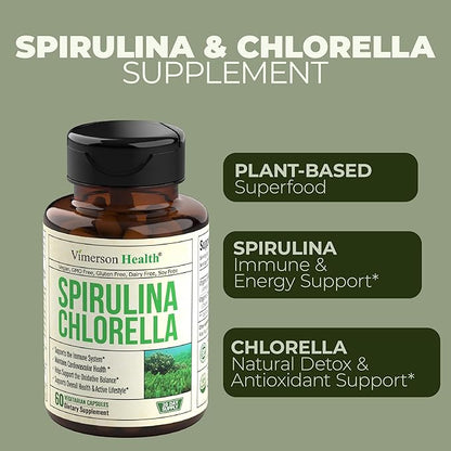 Organic Spirulina and Chlorella Capsules - Spirulina Capsules with Chlorella Powder for Immune, Antioxidant & Energy Support. Nutritious Super Green. Vegan & Non-GMO. Third Party Tested. 60 Caps