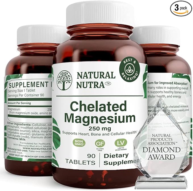 Natural Nutra Chelated Magnesium Oxide 250 mg - High Absorption for Strong Bones, Heart Health, Energy Boost, Gluten-Free, Non-GMO, 90 Tablets (3 Pack) in BPA-Free Recyclable Glass Bottles