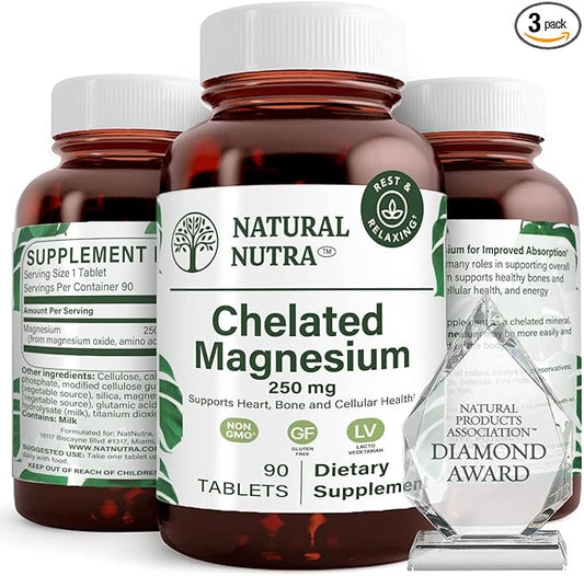 Natural Nutra Chelated Magnesium Oxide 250 mg - High Absorption for Strong Bones, Heart Health, Energy Boost, Gluten-Free, Non-GMO, 90 Tablets (3 Pack) in BPA-Free Recyclable Glass Bottles