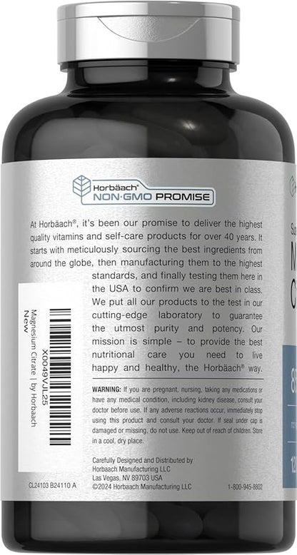 Horbäach Magnesium Citrate | 850mg | 120 Softgels | Superior Absorption | Non-GMO and Gluten Free Formula