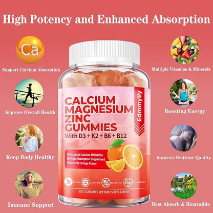 Sugar Free Calcium Magnesium Zinc Supplement Gummies with Vitamin D3 & B12 for Women and Men High Absorption Calcium Magnesium Supplement for Immune Support (120 Counts)