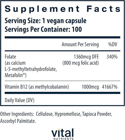 Vital Nutrients Vitamin B12 & Methyl Folate | Vegan Methylated Folate & B12 Supplement | 5-MTHF Plus B12 Supports Nervous System & Metabolism* | Gluten, Dairy, Soy Free | 100 Capsules