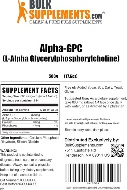 BulkSupplements.com Alpha GPC Powder - Choline Supplements, Alpha GPC 300mg - Acetylcholine Supplements, Unflavored & Gluten Free, 600mg per Serving, 500g (1.1 lbs) (Pack of 1)