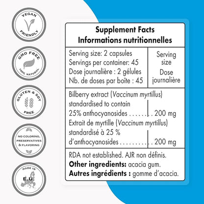 Supersmart - Bilberry Extract (High Strength) - 25% Anthocyanin - Bilberry Supplement for Eyes - Vaccinium Myrtillus Fruit Supplement | Non-GMO & Gluten Free - 90 Vegetarian Capsules