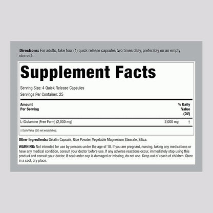 Lindberg L Glutamine Capsules for Women and Men | 500mg | 100 Pills | Free Form Supplement | Non-GMO, Gluten Free