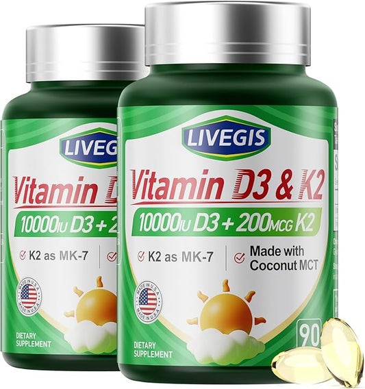 Vitamin D3 K2 Softgels, Vitamin D3 10000 IU with K2 (MK-7) 200 mcg with Coconut Oil Softgels, Supports Calcium Absorption, Bone, Immune and Heart Health - 90 Counts * 2 Packs