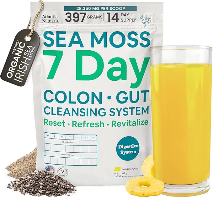 Atlantic Naturals Sea Moss 7-Day Cleanse Colon & Gut Detox - Juice Cleanse Support with Golden Flax Seeds, Psyllium Husk Senna Powder, Body Detox for Women & Men - Pineapple Flavor Mix Drink (14 oz)
