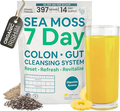 Atlantic Naturals Sea Moss 7-Day Cleanse Colon & Gut Detox - Juice Cleanse Support with Golden Flax Seeds, Psyllium Husk Senna Powder, Body Detox for Women & Men - Pineapple Flavor Mix Drink (14 oz)