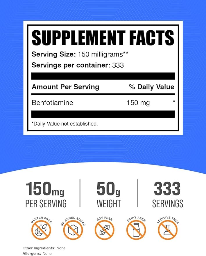 BulkSupplements.com Benfotiamine Powder - Thiamine B1 Supplement, Benfotiamine Supplement - Benfotiamine 150mg, Gluten Free - 150mg per Serving, 50g (1.8 oz) (Pack of 1)