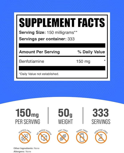 BulkSupplements.com Benfotiamine Powder - Thiamine B1 Supplement, Benfotiamine Supplement - Benfotiamine 150mg, Gluten Free - 150mg per Serving, 50g (1.8 oz) (Pack of 1)