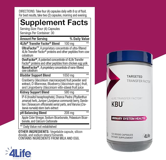 4Life KBU, Urinary Supplement, Transfer Factor for Bladder & Kidney Health with Cranberry, Blueberry, Dandelion & Juniper Berry - 120 Veggie Capsules