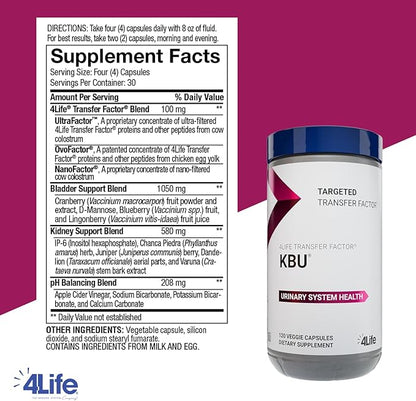 4Life KBU, Urinary Supplement, Transfer Factor for Bladder & Kidney Health with Cranberry, Blueberry, Dandelion & Juniper Berry - 120 Veggie Capsules