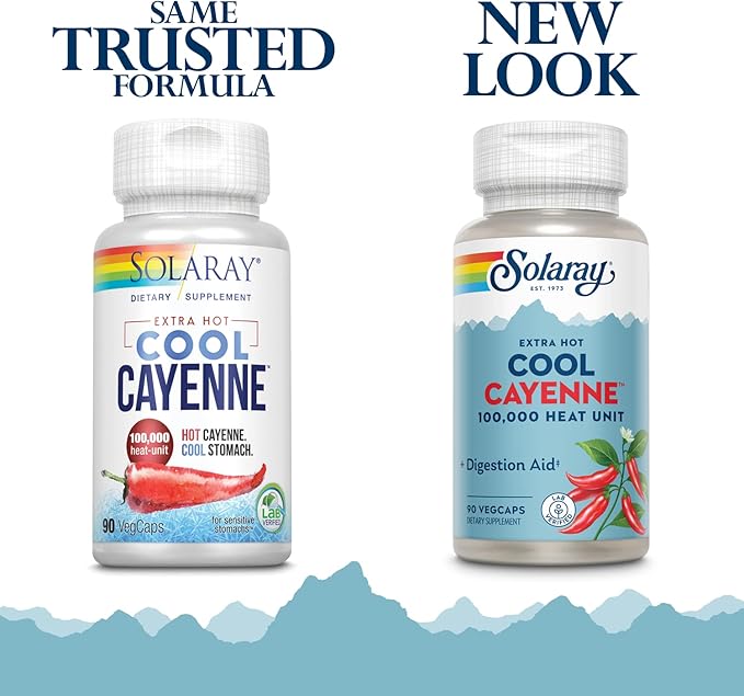 SOLARAY Extra Hot Cool Cayenne 100,000 HU - Traditional Folk Remedy and Digestion Aid - Bio-Cool Process - Lab Verified, GMP Facility, 60-Day Guarantee - 45 Servings, 90 VegCaps