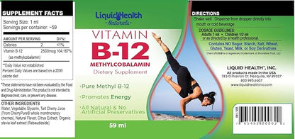 LIQUIDHEALTH Vitamin B12 Methylcobalamin Liquid Drops with Sublingual Hydroxocobalamin - Boost Energy, Support Immune System, Improve Memory & Concentration - Made in The USA, Vegan, Non-GMO (3 Pack)