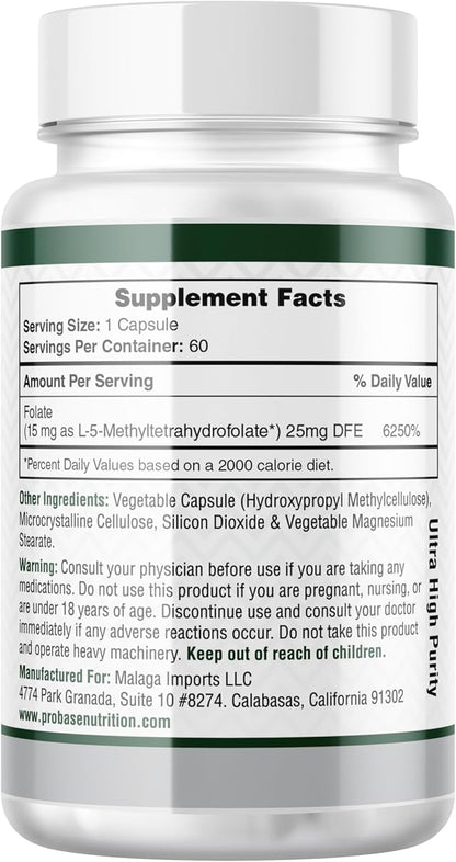 Professional Strength L-Methyl Folate 15mg - Active 5-MTHF Form - Supports Mood, Methylation, Cognition - Bioavailable Vitamin B9 (60 Capsules) - Vegan, Non-GMO, Gluten-Free
