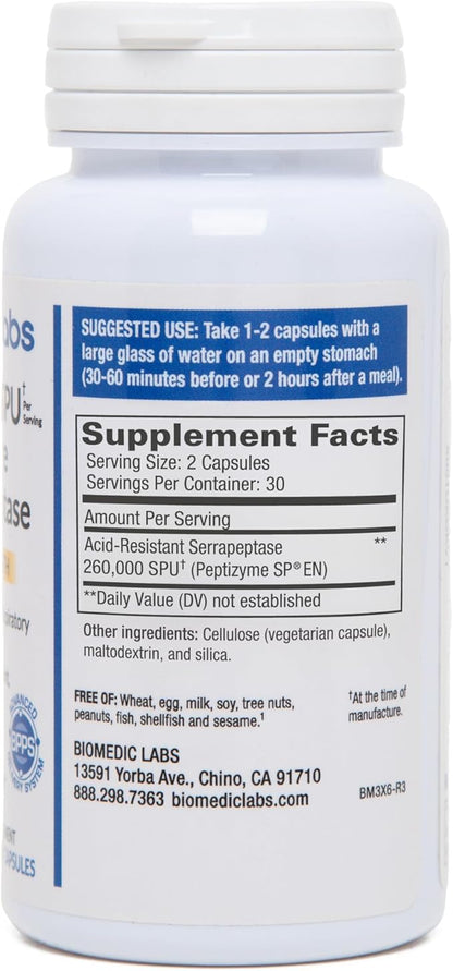 Serra-RX 260,000 SU Serrapeptase -Acid-Resistant Proteolytic Systemic Enzyme, Non-GMO, Gluten Free, Vegan, Supports Sinus, Immune & Lung Health, 60 Veg Capsules