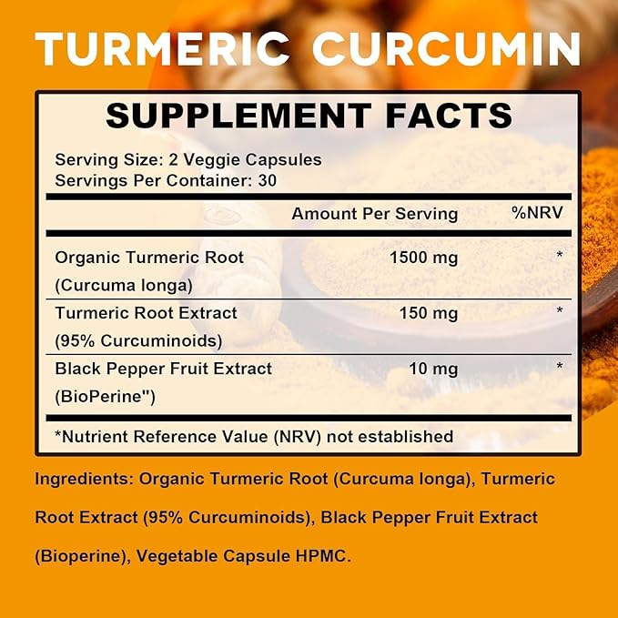 Turmeric Curcumin Supplement 1650mg Organic Turmeric Capsules with 95% Curcuminoids Black Pepper Bioperine, Immune Function, Healthy Joints & Comfort-60 Capsules