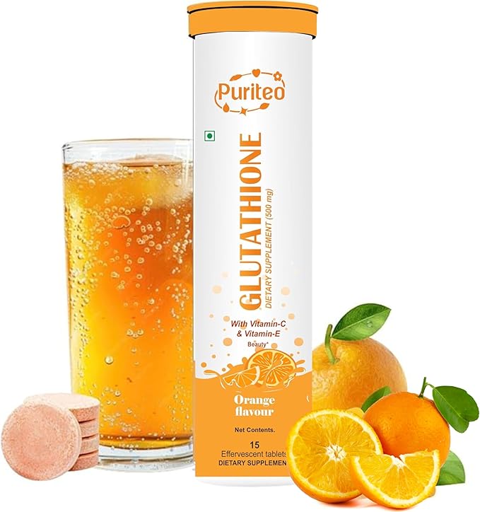 Glutathione 15 Effervescent Tablets with Vitamin C & E, for Clear Skin & Hydration, No Added Sugar, Orange Flavour - (15 Tablets, Pack of 4)