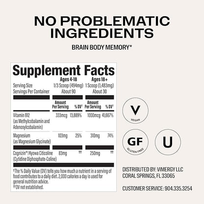 Vimergy Brain Body Memory* – Powers 5 Memory Types and 10 Benefits of Memory Function - Fast-Absorbing, only Three Ingredients - Non-GMO and Gluten Free - 1 Scoop for Ages 18+