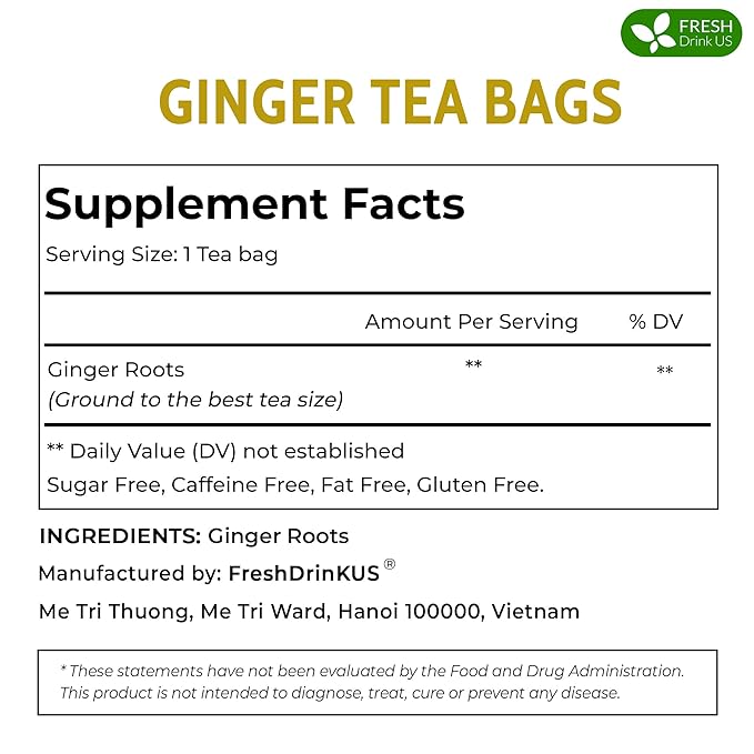 FRESHDRINKUS 55 Ginger Tea Bags, 100% Natural & Pure Herbal Tea, No Sugar, No Caffeine, No Gluten, Vegan