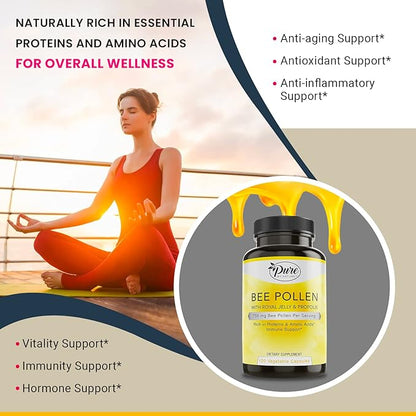 Pure By Nature Bee Pollen Supplement with Propolis & Royal Jelly for Immune Support, Antioxidant Properties, 120 Non-GMO Vegetarian Capsules