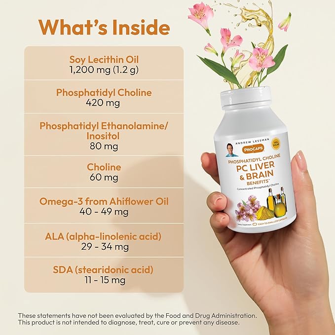 ANDREW LESSMAN PC Liver and Brain Benefits 360 Softgels - Phosphatidyl Choline, Most Important Building Block for Healthy Liver and Brain Structure, Function. No Additives. Easy to Swallow Softgels