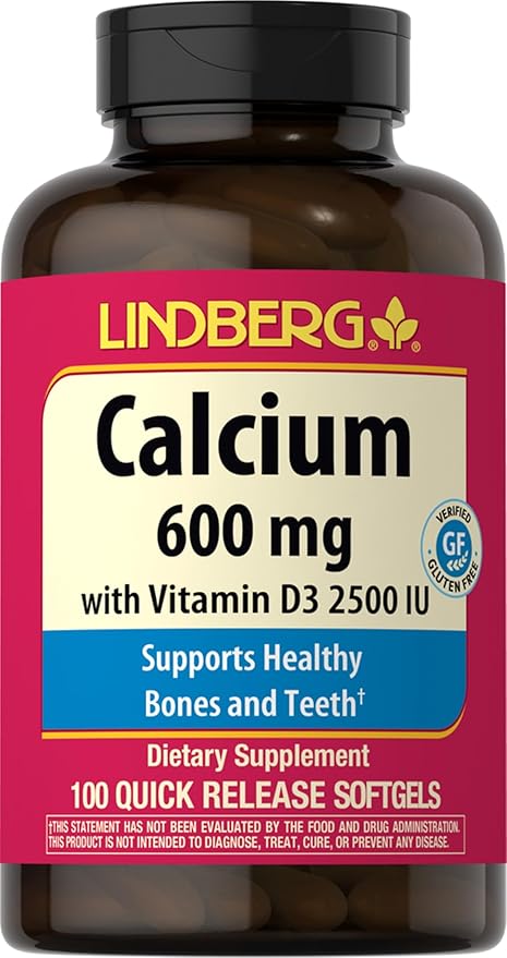 Lindberg Calcium Supplement | 600 mg | 100 Softgels | with Vitamin D3 2500 IU | for Women & Men | Quick Release Pills | Non-GMO, Gluten Free
