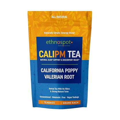 CaliPM Teabags - Natural Sleep Tea with California Poppy & Valerian Root, Herbal Tea for Relaxation & Discomfort Relief, Unsweetened & Vegan, Melatonin-Free, 100% Natural Ingredients - 2 Gram Teabags - 32 Teabags