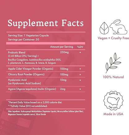 Bella Vérité. Probiotic & Prebiotic Complex - Support Women's Digestive & Gut Health - 3.45 Billion CFU Lactobacillus Probiotics for Clearer Skin - Daily Probiotic Supplement (30 Vegetarian Capsules)