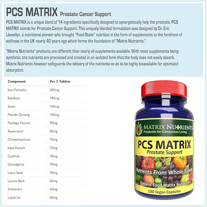 PCS Matrix - Lower PSA Levels for Healthy Prostate - 100% Natural Ingredients: Saw Palmetto, Rabdosia, Scute, Plantago Focium, Chrysantaomum, Ganoderma, Lotus Seed - Vegan Capsules (120ct)