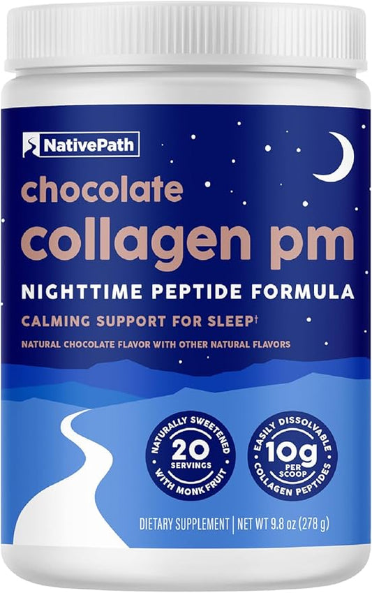 NativePath Collagen PM - Chocolate Nighttime Collagen Peptides Powder with Magnesium, GABA, L-Theanine and Melatonin - 20 Servings