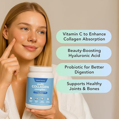 Vitamin Bounty Multi Collagen Complex Plus - 5 Types of Hydrolyzed Collagen Peptides for Women & Men w/Vitamin C, Hyaluronic Acid & Probiotics | Supports Skin, Hair, Joints & Gut Health | 28 Servings