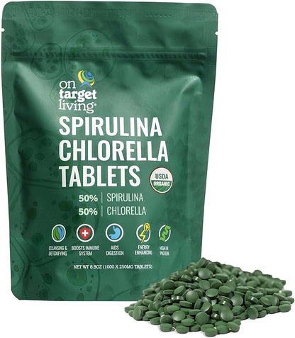 On Target Living Organic Spirulina Chlorella | USDA Organic | 1000 Tablets- 250 G (8.8 oz) | Vegan | Immune System Boosting | Alkalyzing | Nutrient Dense | Detoxifying | Protein Dense