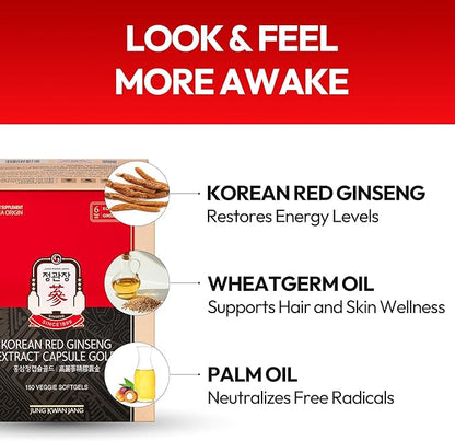 Renewed Korean Red Ginseng Extract Capsule Gold - Vegan Energy Supplements - Energy Boost & Immune Support, Caffeine Free & Non-GMO (600mg, 150 Capsules)