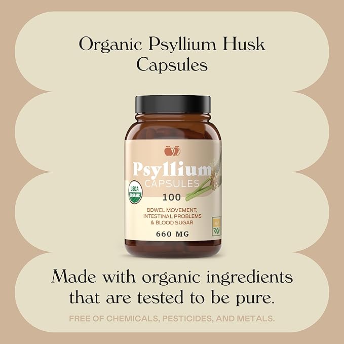 Pure Natural Whole Psyllium Husk Powder Capsules - 660mg Capsules 100 Pure Unflavored Fiber & Colon Cleanse Pills