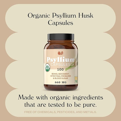 Pure Natural Whole Psyllium Husk Powder Capsules - 660mg Capsules 100 Pure Unflavored Fiber & Colon Cleanse Pills