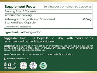 Ashwagandha Capsules for Help in Energy Support, Immune Support, Non-GMO-for Men/Women | 450mg | 60 Capsules