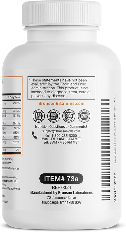 Bronson Super B Vitamin B Complex Sustained Slow Release (Vitamin B1, B2, B3, B6, B9 - Folic Acid, B12) Contains All B Vitamins 100 Tablets