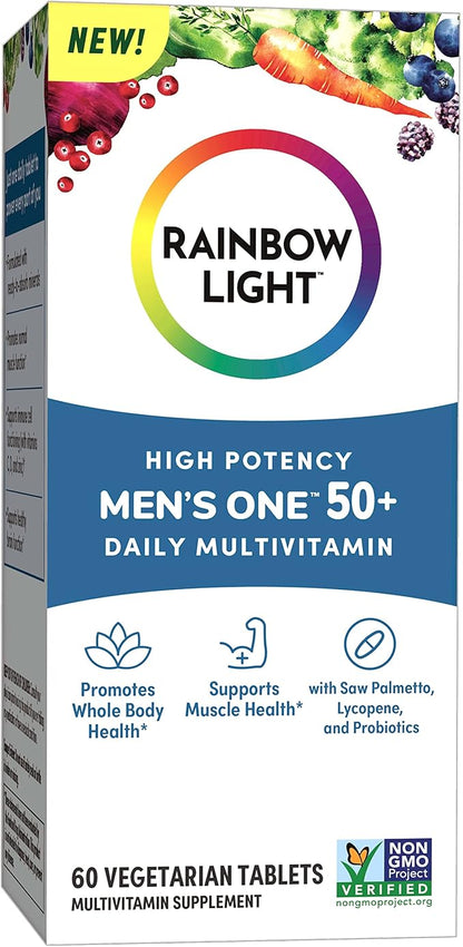Rainbow Light Multivitamin for Men 50+, Vitamin C, D & Zinc, Probiotics, Men's One 50+ Multivitamin Provides High Potency Immune Support, Non-GMO, Vegetarian, 60 Tablets