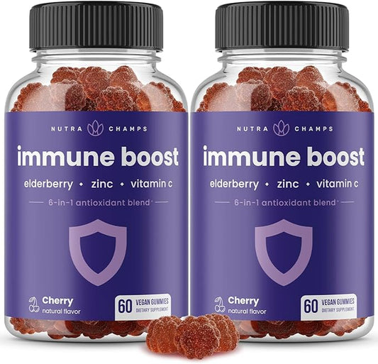 Immune Support Gummies | Powerful Blend of Elderberry, Vitamin C, Zinc, Echinacea, Astragalus Root & Ginger | Immune Boosters for Adults & Kids Supplement | Vegan & Non-GMO | Cherry | 60 Ct (2 Pack)