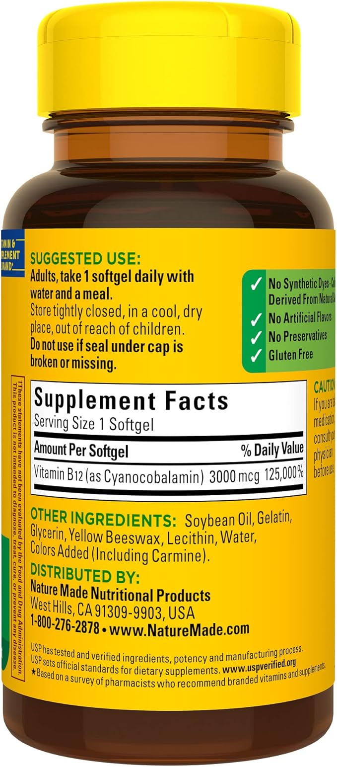 Nature Made Extra Strength Vitamin B12 3000 mcg, Dietary Supplement for Energy Metabolism Support, 60 Softgels, 60 Day Supply