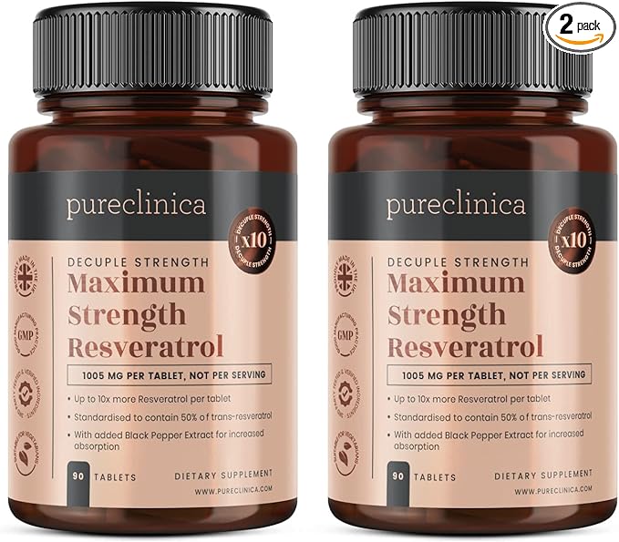 pureclinica 1000mg Resveratrol x 180 Tablets (2 Bottles of 90 Tablets Each - 6 Months Supply). 10 x Strength and with Black Pepper Extract for Faster Absorption