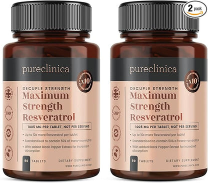 pureclinica 1000mg Resveratrol x 180 Tablets (2 Bottles of 90 Tablets Each - 6 Months Supply). 10 x Strength and with Black Pepper Extract for Faster Absorption