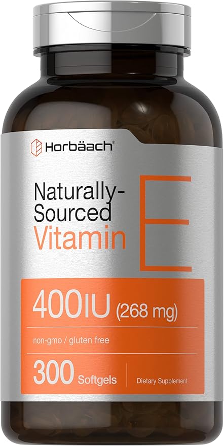 Horbäach Vitamin E Softgel Capsules | 400 iu | 268mg | 300 Count | Non-GMO and Gluten Free Naturally-Sourced Formula | D-Alpha Tocopherol
