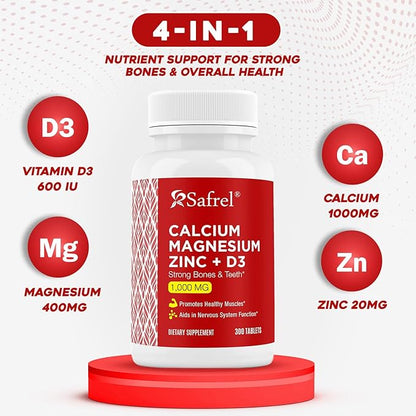 Safrel Calcium Magnesium Zinc with Vitamin D3, 300 Tablets - Calcium 1000 mg, Magnesium 400 mg, Zinc 20 mg & D3 600 IU per Serving