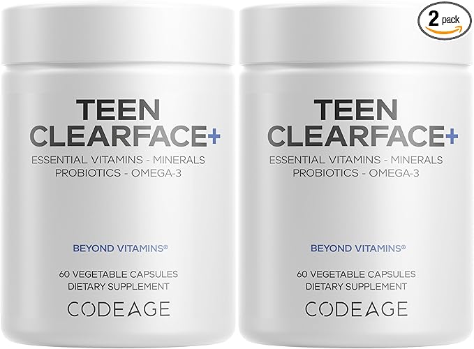 Codeage Teen Clearface Adolescent Face, Skin & Pimples, Vitamins A, C, D3, E, Pantothenic Acid, Niacin, Zinc Supplement Teenagers, Probiotics, L-Lysine, Omega-3, Oily Skin, Pores, Spots - 2 Pack
