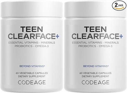 Codeage Teen Clearface Adolescent Face, Skin & Pimples, Vitamins A, C, D3, E, Pantothenic Acid, Niacin, Zinc Supplement Teenagers, Probiotics, L-Lysine, Omega-3, Oily Skin, Pores, Spots - 2 Pack