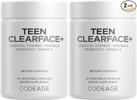 Codeage Teen Clearface Adolescent Face, Skin & Pimples, Vitamins A, C, D3, E, Pantothenic Acid, Niacin, Zinc Supplement Teenagers, Probiotics, L-Lysine, Omega-3, Oily Skin, Pores, Spots - 2 Pack